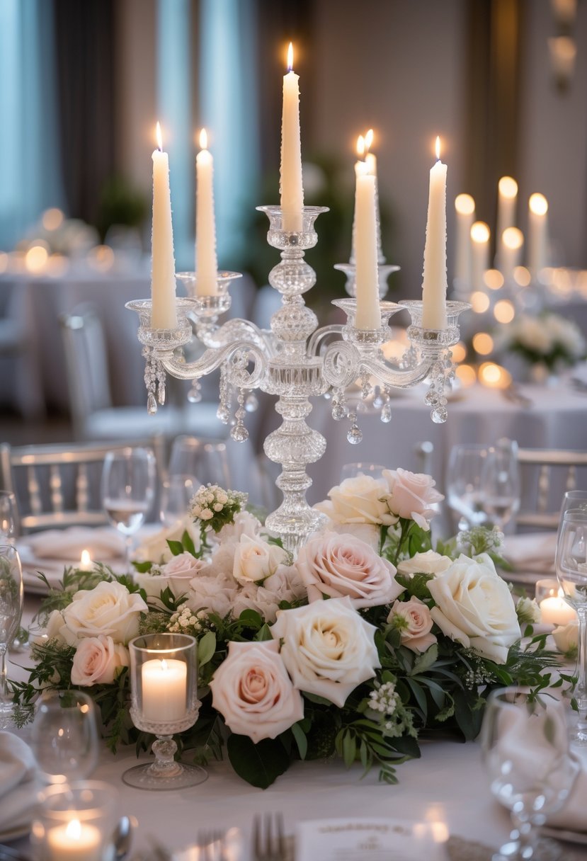 A round wedding table decorated with crystal candelabras holding lit taper candles, surrounded by floral arrangements and white linens.