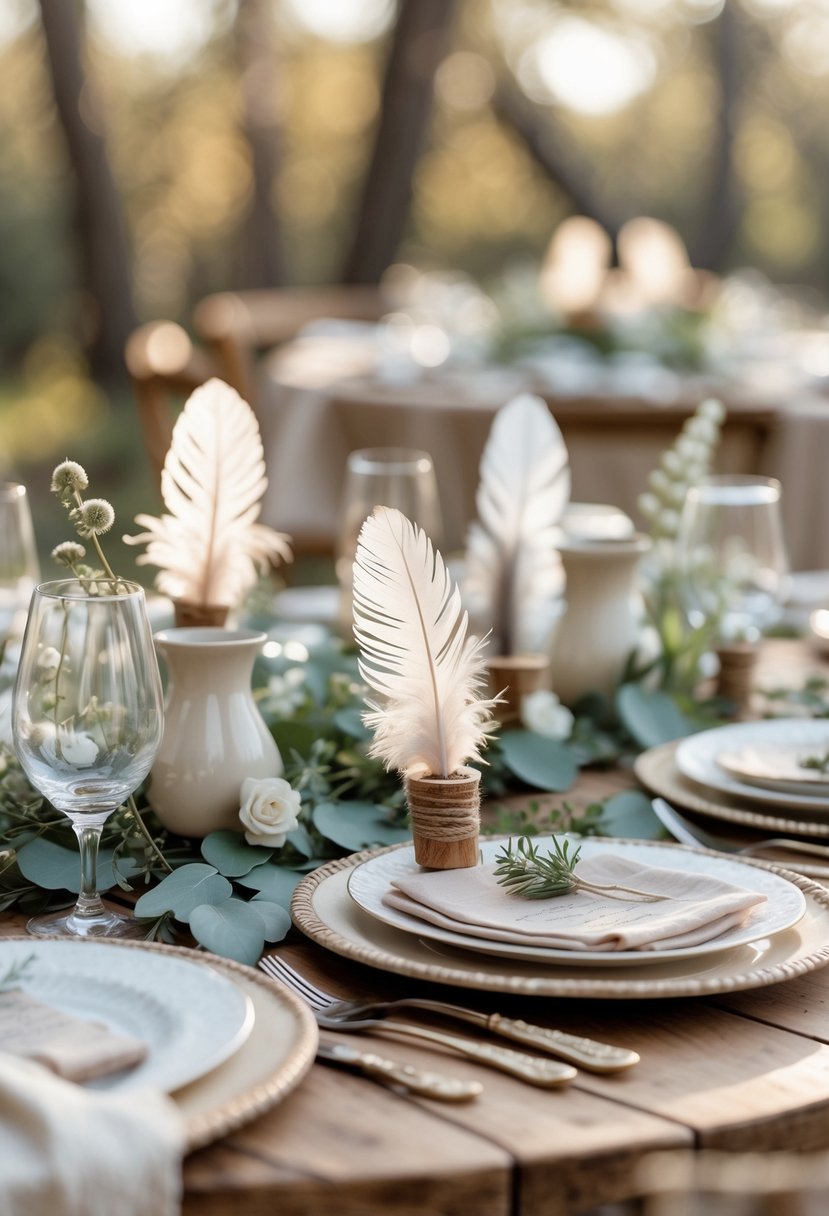 A wedding table set outdoors with round wooden tables, decorated with feather place cards, greenery, and tableware.