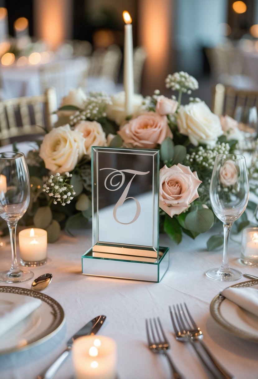 A round wedding table with mirrored table number stands, floral arrangements, and elegant place settings.