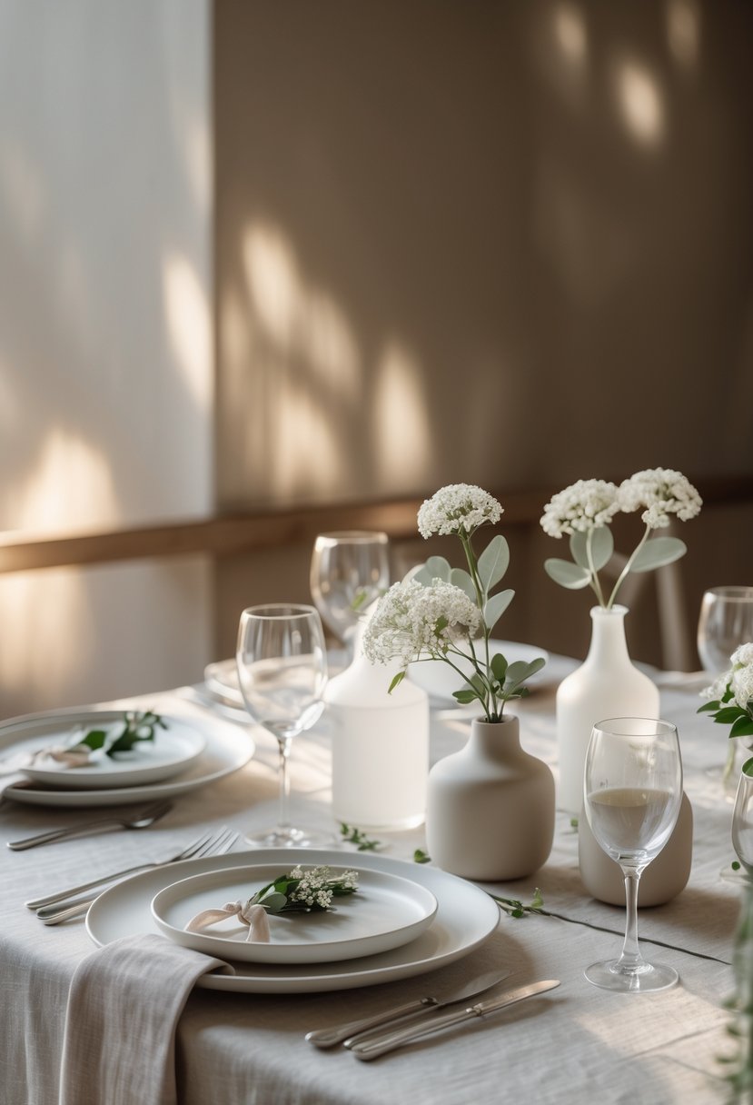 A wedding table set with white plates, simple glassware, small white flowers in vases, and neutral-colored linens.