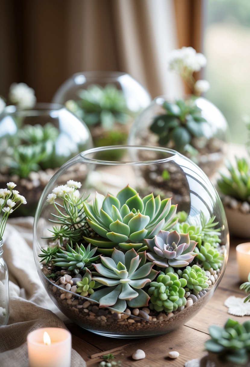 Round glass terrarium planters filled with succulents arranged on a wooden table as wedding decorations.