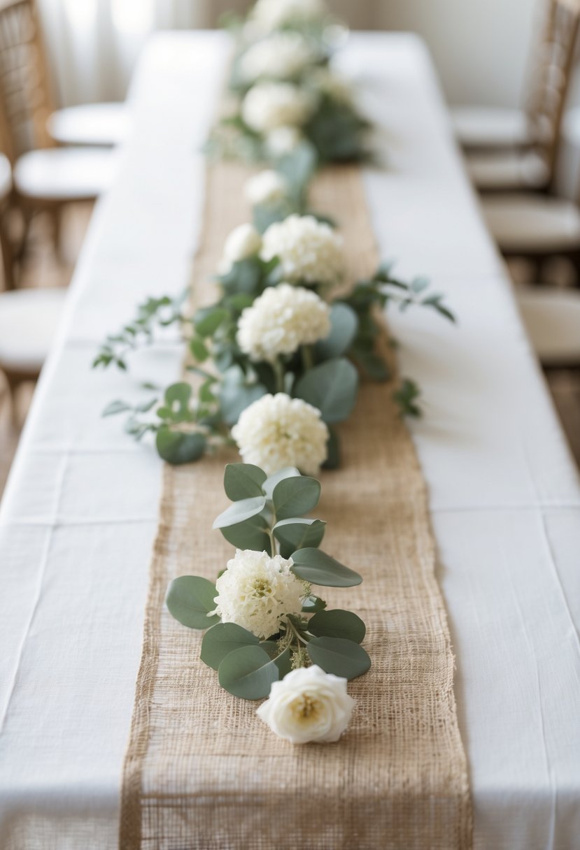 A wedding table with a white linen tablecloth and natural jute runners, decorated with simple greenery and white flowers.