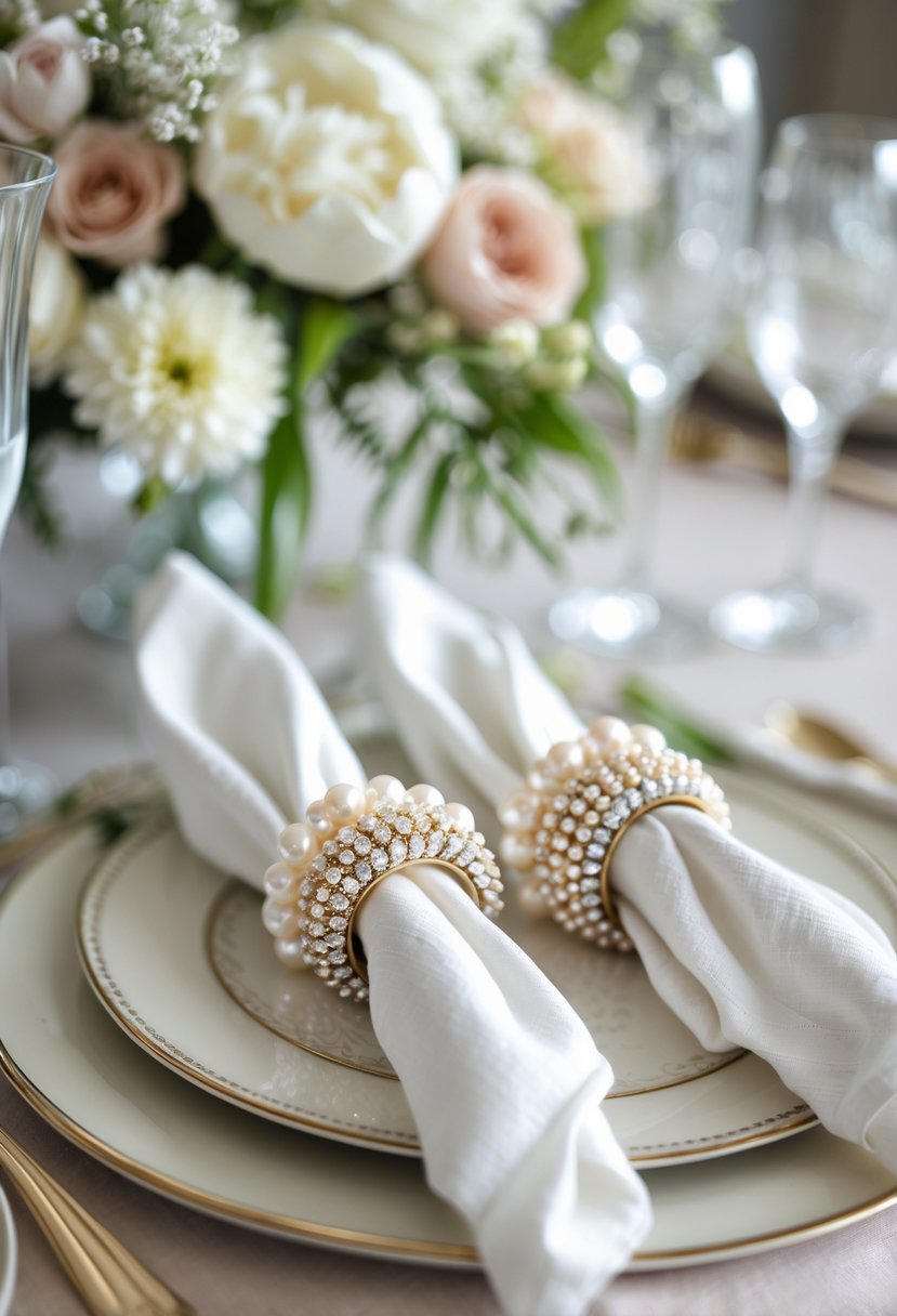 Round pearl and crystal beaded napkin rings on white linen napkins set on a wedding table with plates, flowers, and glassware.