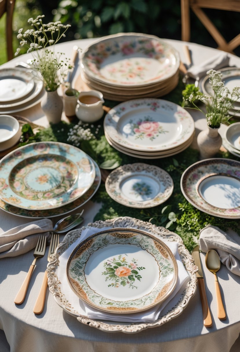 A round wedding table decorated with a variety of mismatched antique plates, surrounded by wildflowers and greenery.