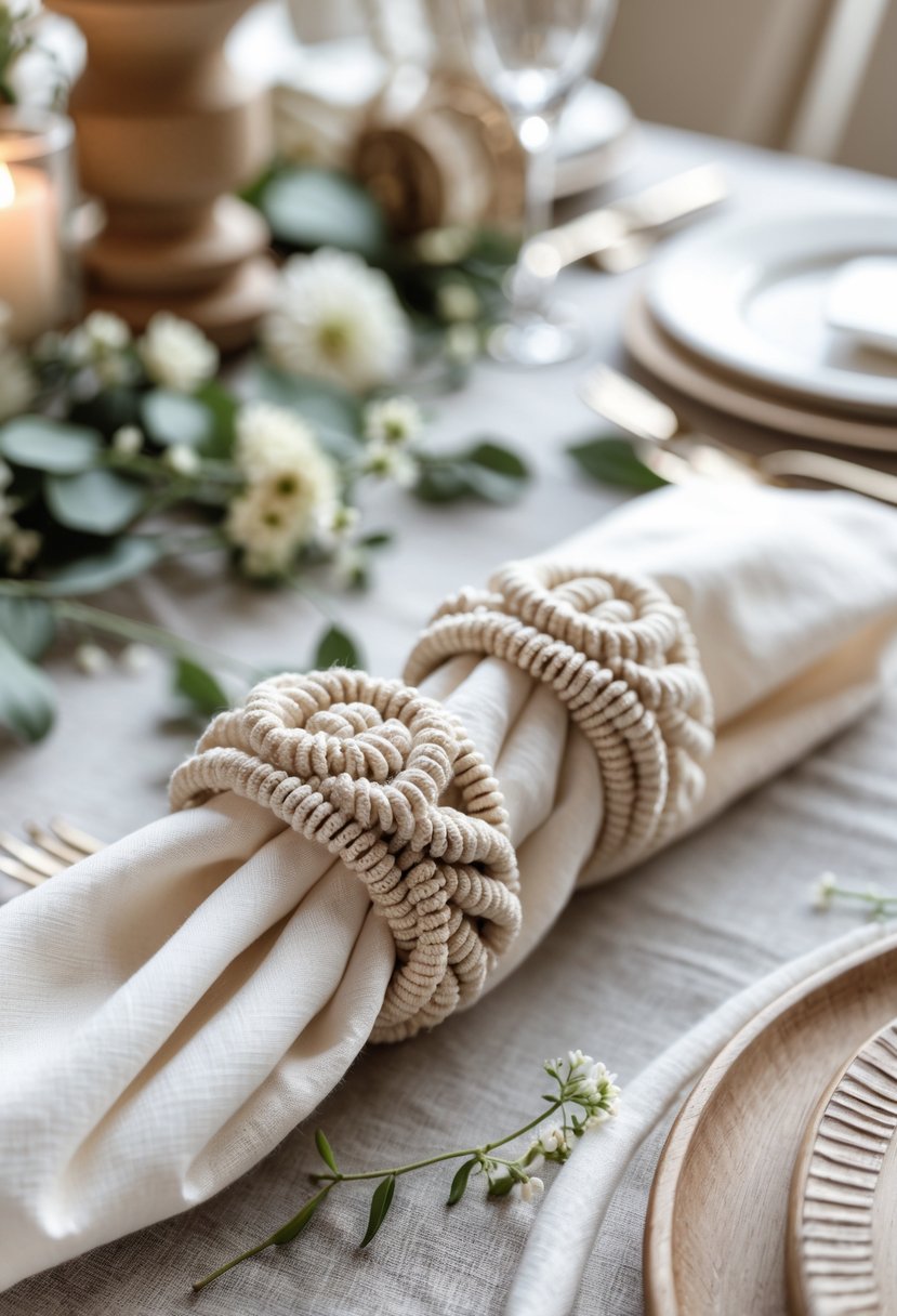 Close-up of round macrame napkin rings on white napkins at a wedding table with wooden tableware and greenery.