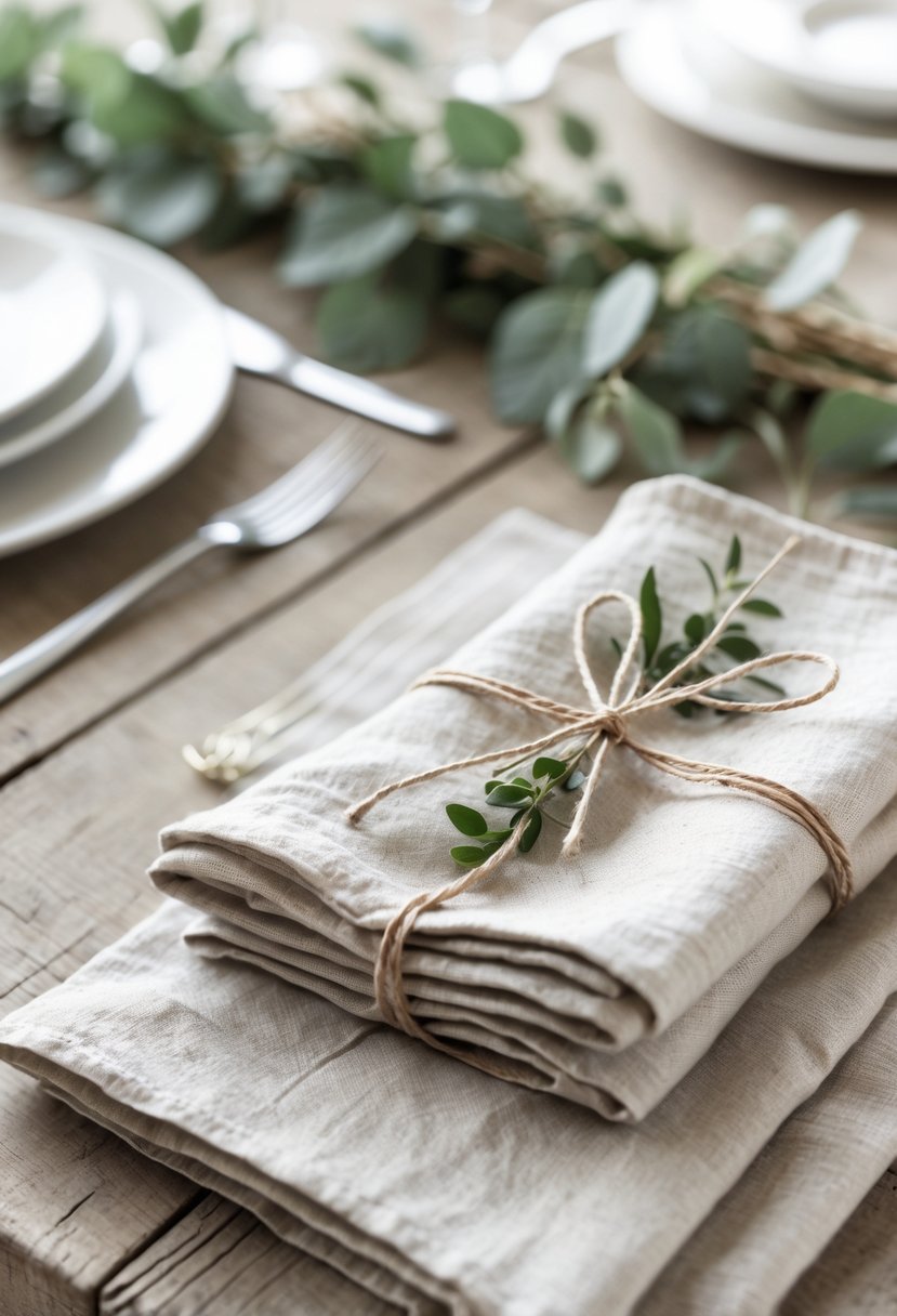 A wedding table with neutral linen napkins tied with twine placed on a wooden surface surrounded by simple tableware and greenery.