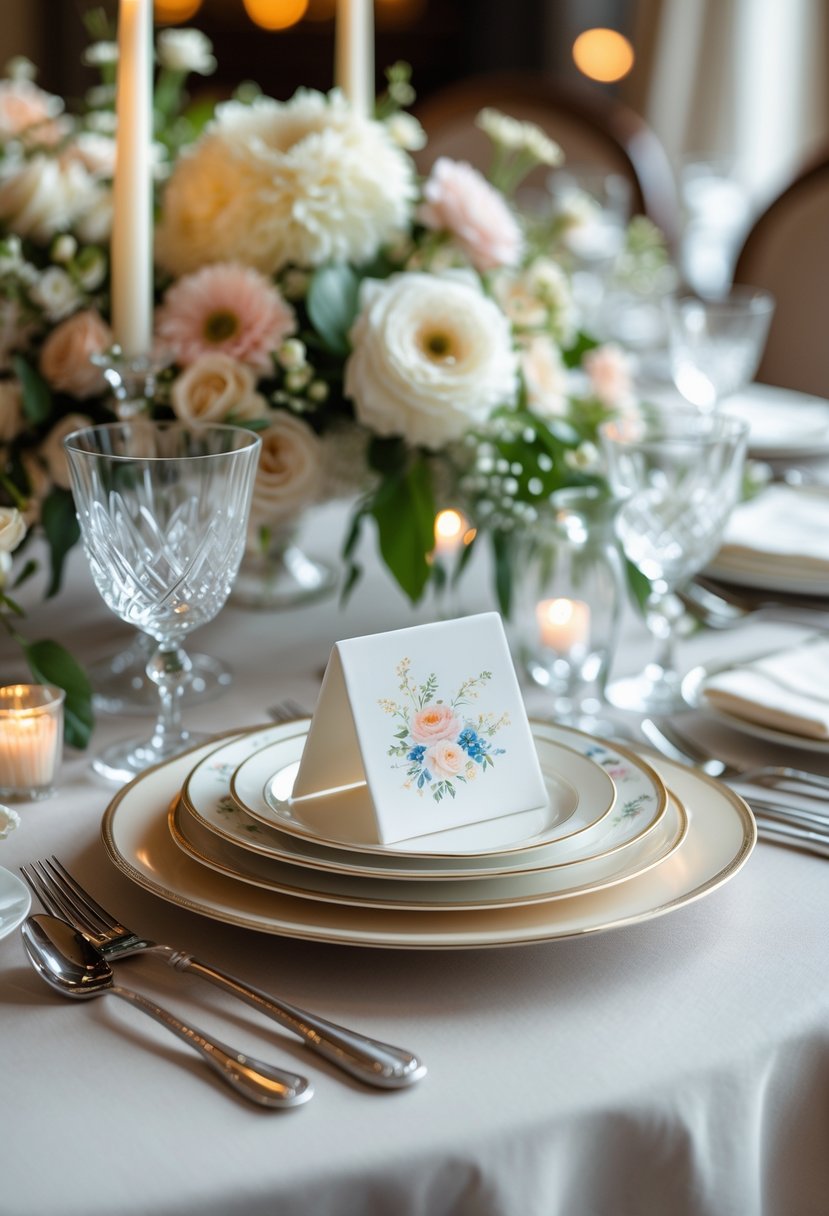 A round wedding table decorated with hand-painted porcelain place cards, fine china, crystal glasses, silverware, and a floral centerpiece.