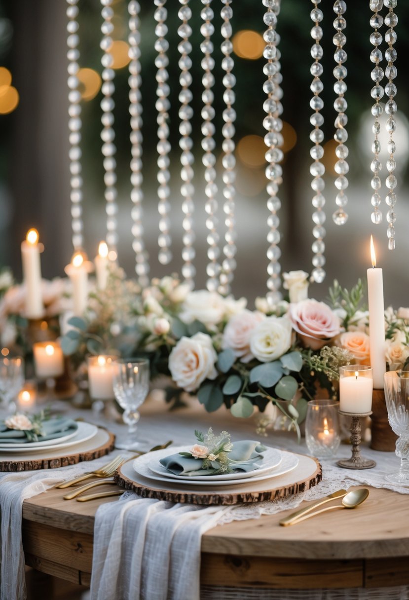 A round wedding table decorated with crystal bead garlands, pastel flowers, candles, and natural-toned linens.