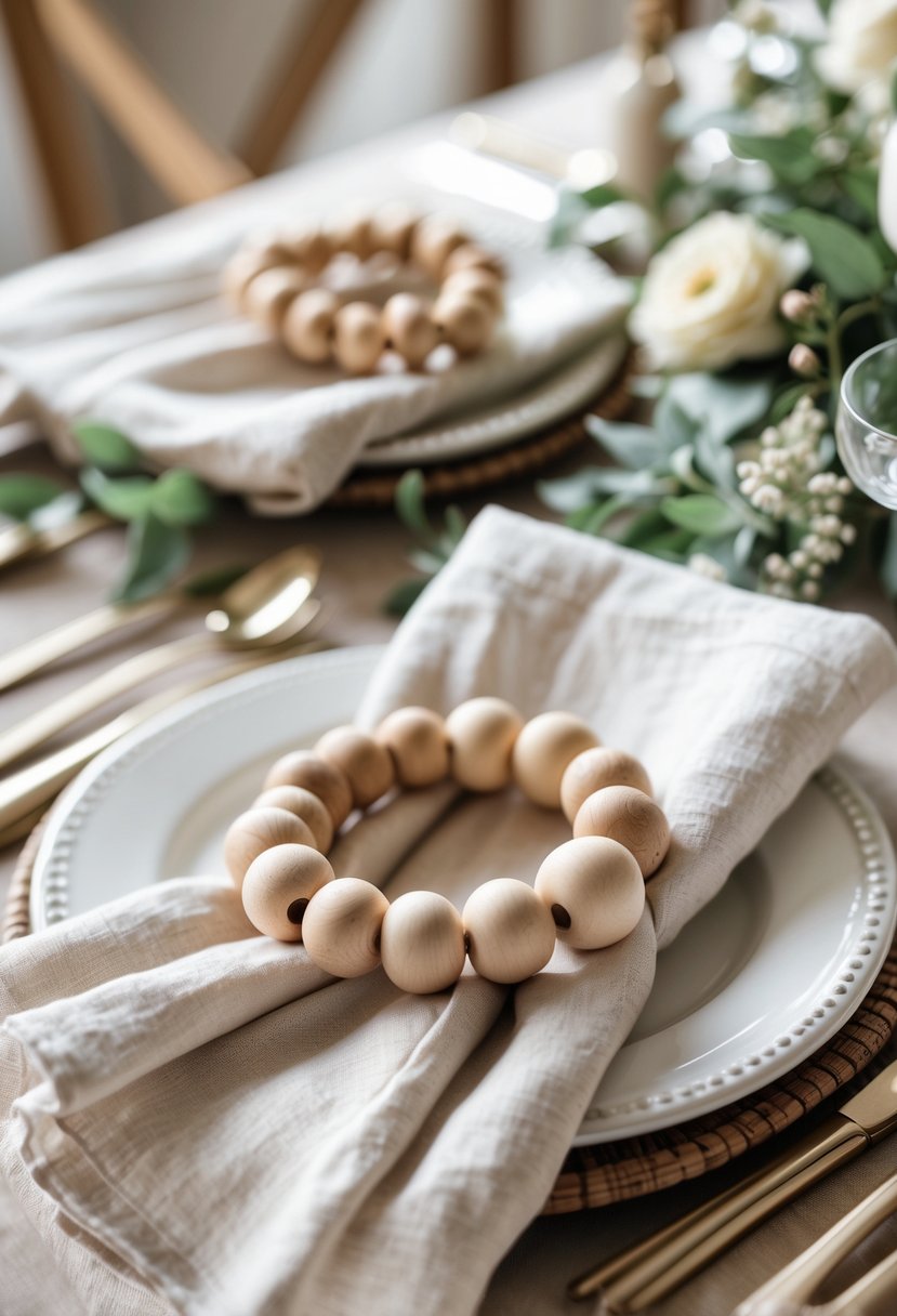 Close-up of round wooden bead napkin holders holding white napkins on a decorated wedding table with greenery and flowers.
