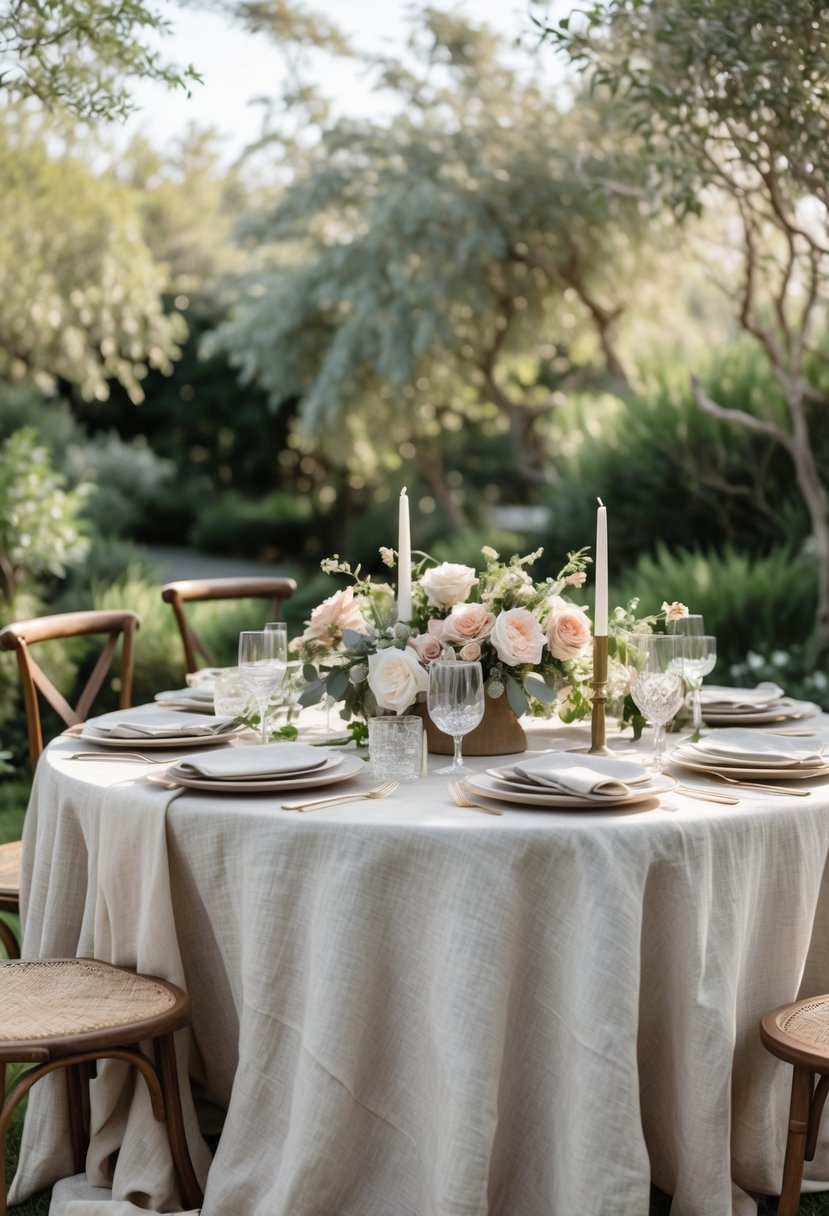 A round wedding table outdoors with a linen tablecloth, floral centerpieces, dinnerware, and candles in a garden setting.