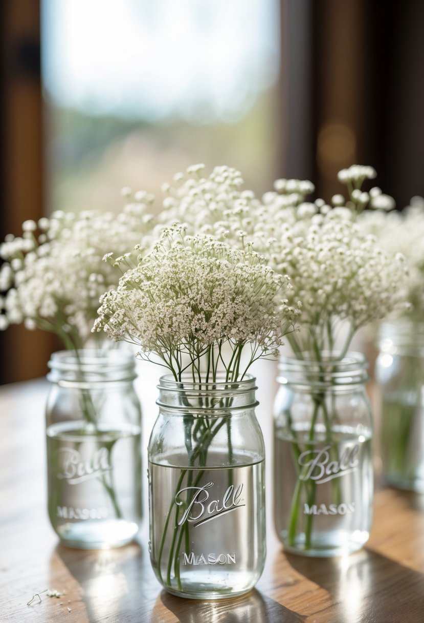 Mason jars filled with white baby's breath flowers arranged on a wooden table as wedding centerpieces.