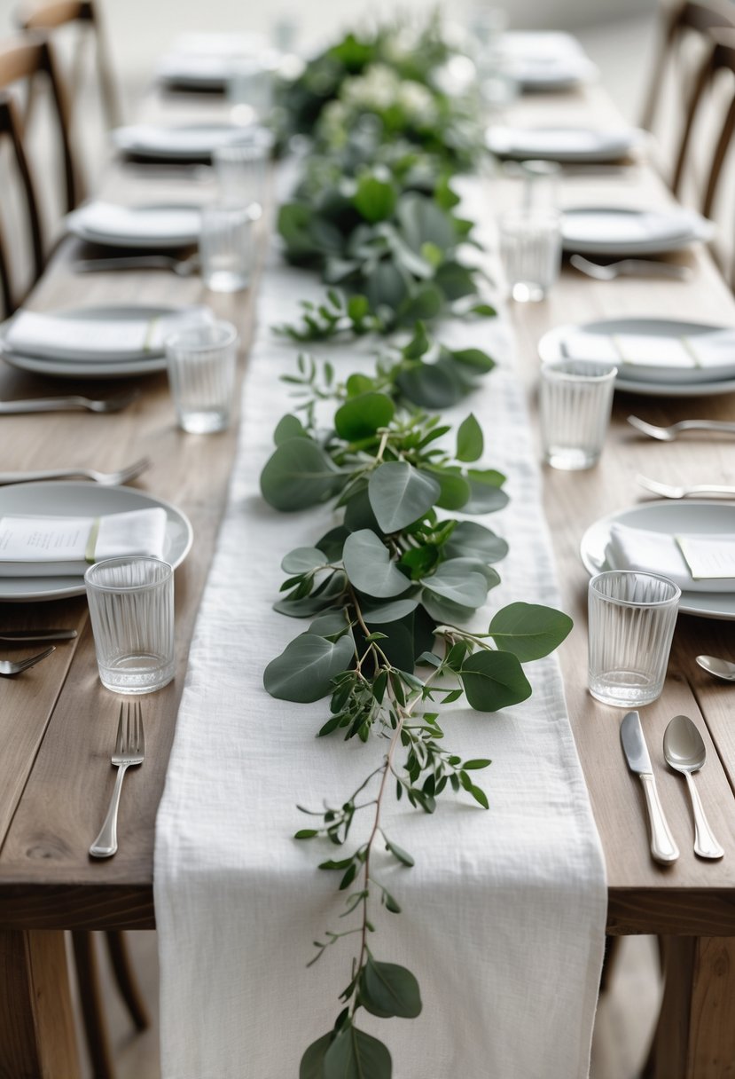 A wooden table with white linen runners and green leafy decorations arranged along its length.