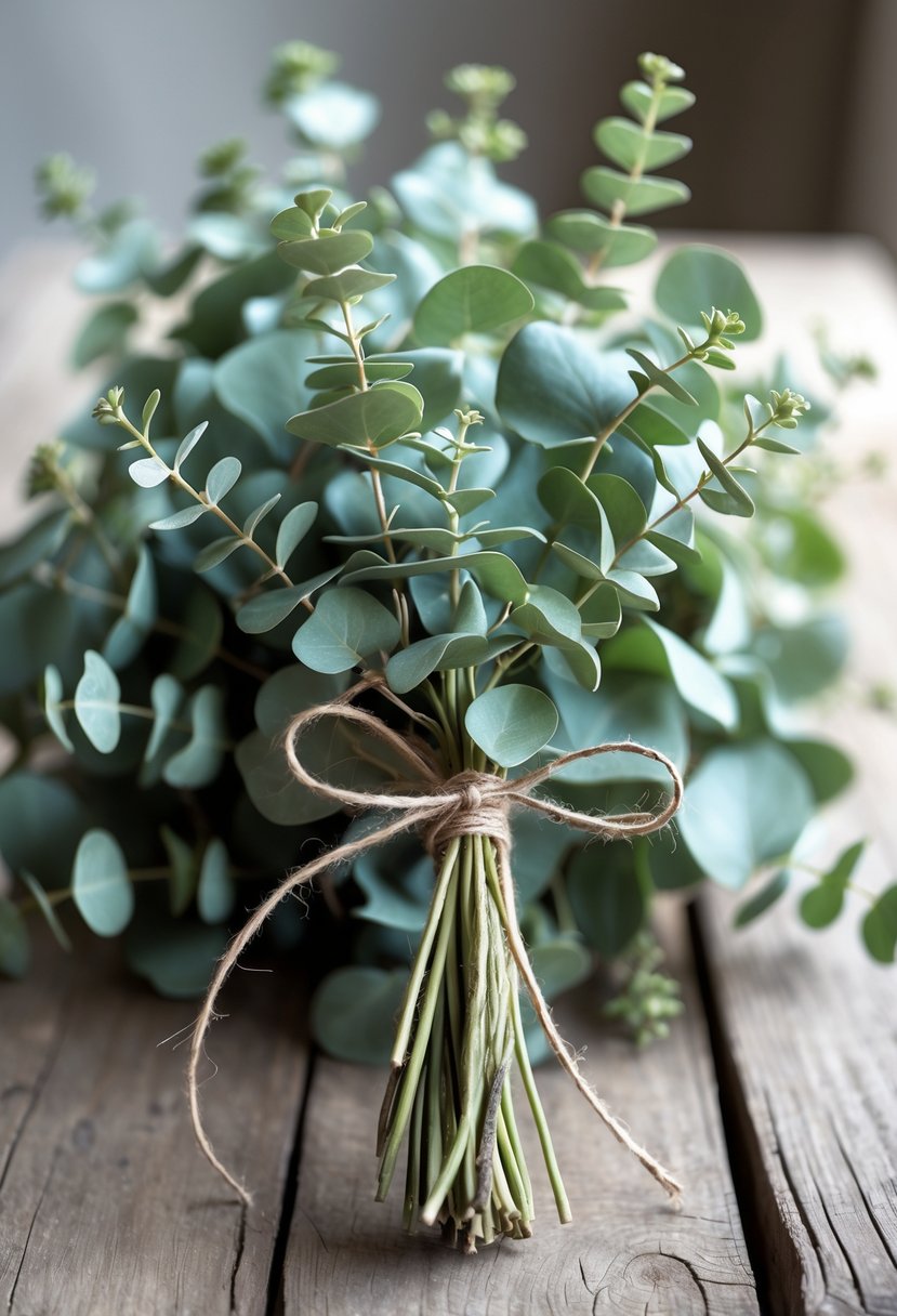 Close-up of eucalyptus sprigs tied with twine placed on a wooden table as a wedding decoration.