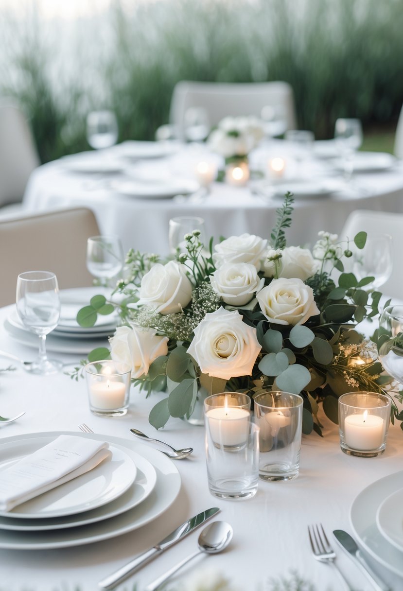 A round wedding table set with white plates, silver cutlery, glassware, a floral centerpiece with white roses and greenery, and small candles.