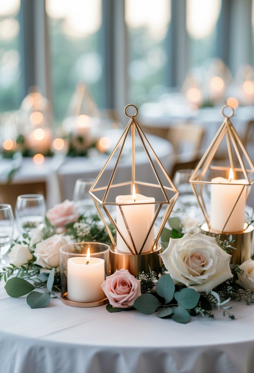 A round wedding table with metallic geometric candle holders holding lit white candles, surrounded by white and pink flowers and greenery.