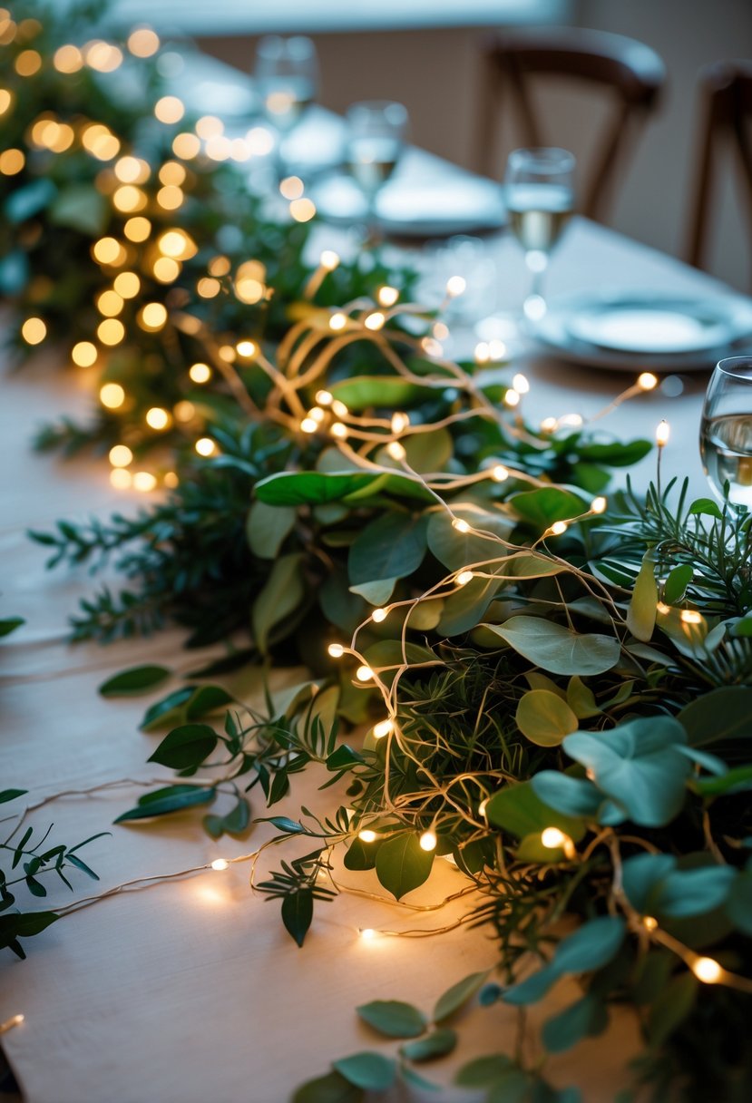 A wedding table decorated with green foliage and delicate fairy lights creating a warm glowing centerpiece.