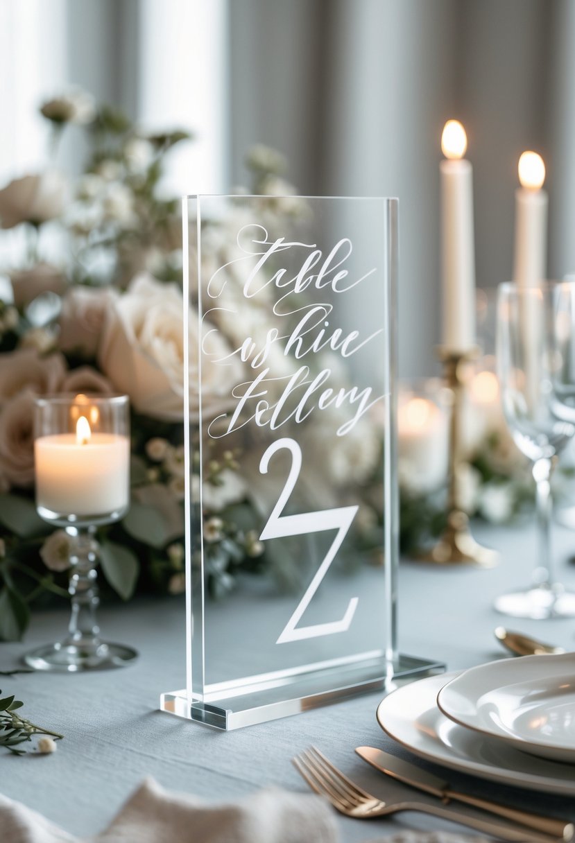 A wedding table with clear acrylic table numbers featuring elegant calligraphy, surrounded by floral arrangements and candles.