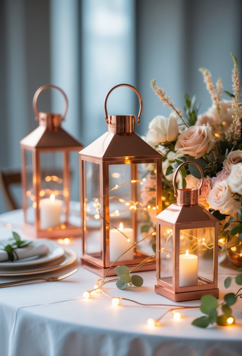 A round wedding table decorated with copper lanterns glowing with fairy lights and surrounded by soft pastel flowers.