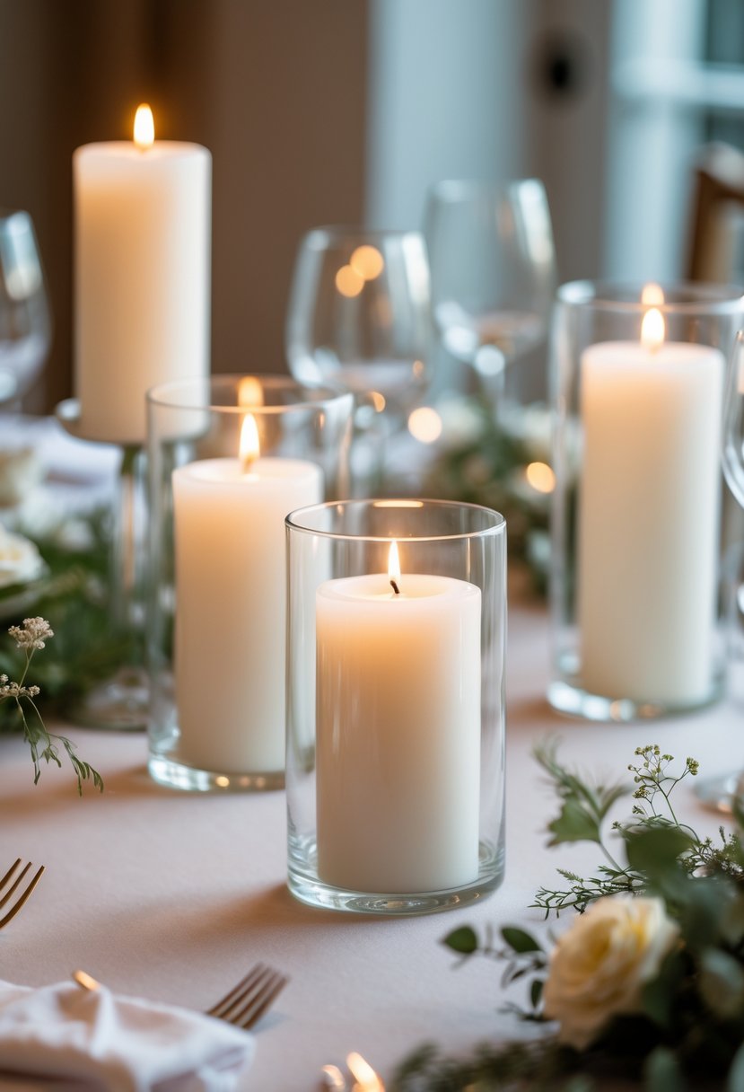 White pillar candles in glass holders arranged on a wedding table with greenery and floral accents.