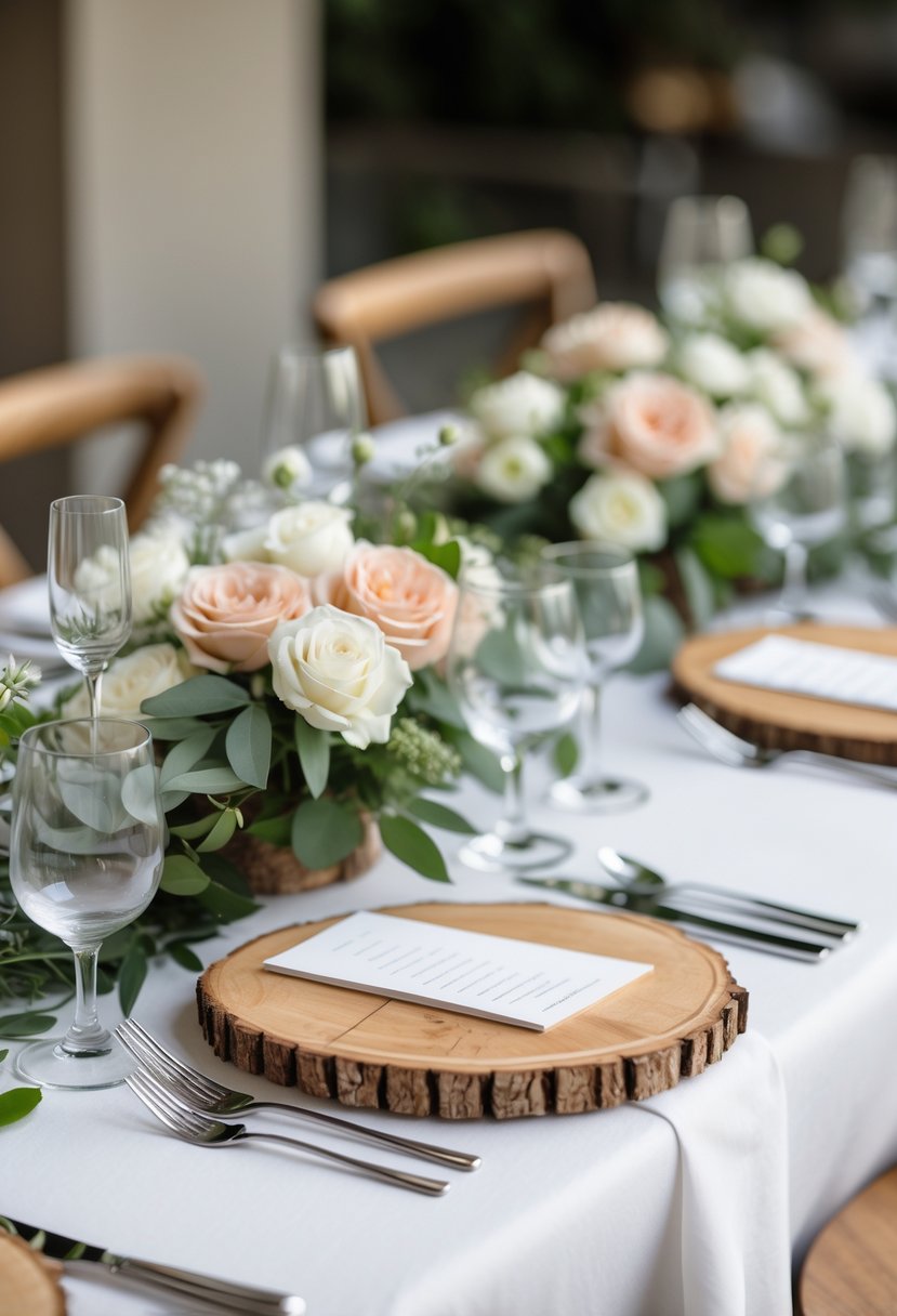 A wedding table with round wood slice chargers, floral arrangements, glassware, and silver cutlery.