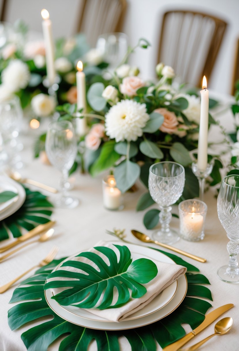 Round wedding table decorated with large green Monstera leaf placemats, white plates, gold cutlery, floral centerpieces, and candles.