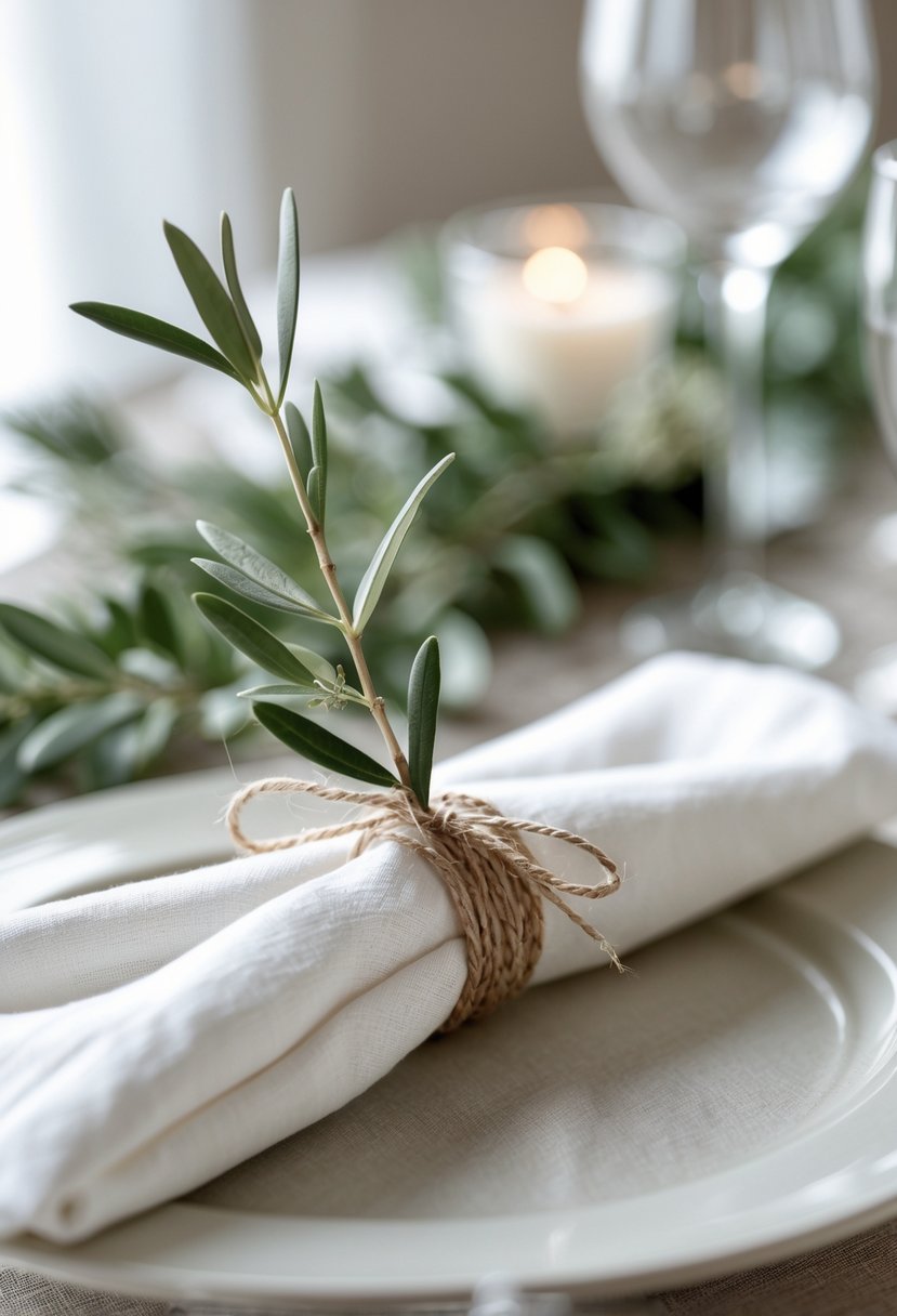 A single olive branch tied with twine around a folded white napkin on a wedding table.