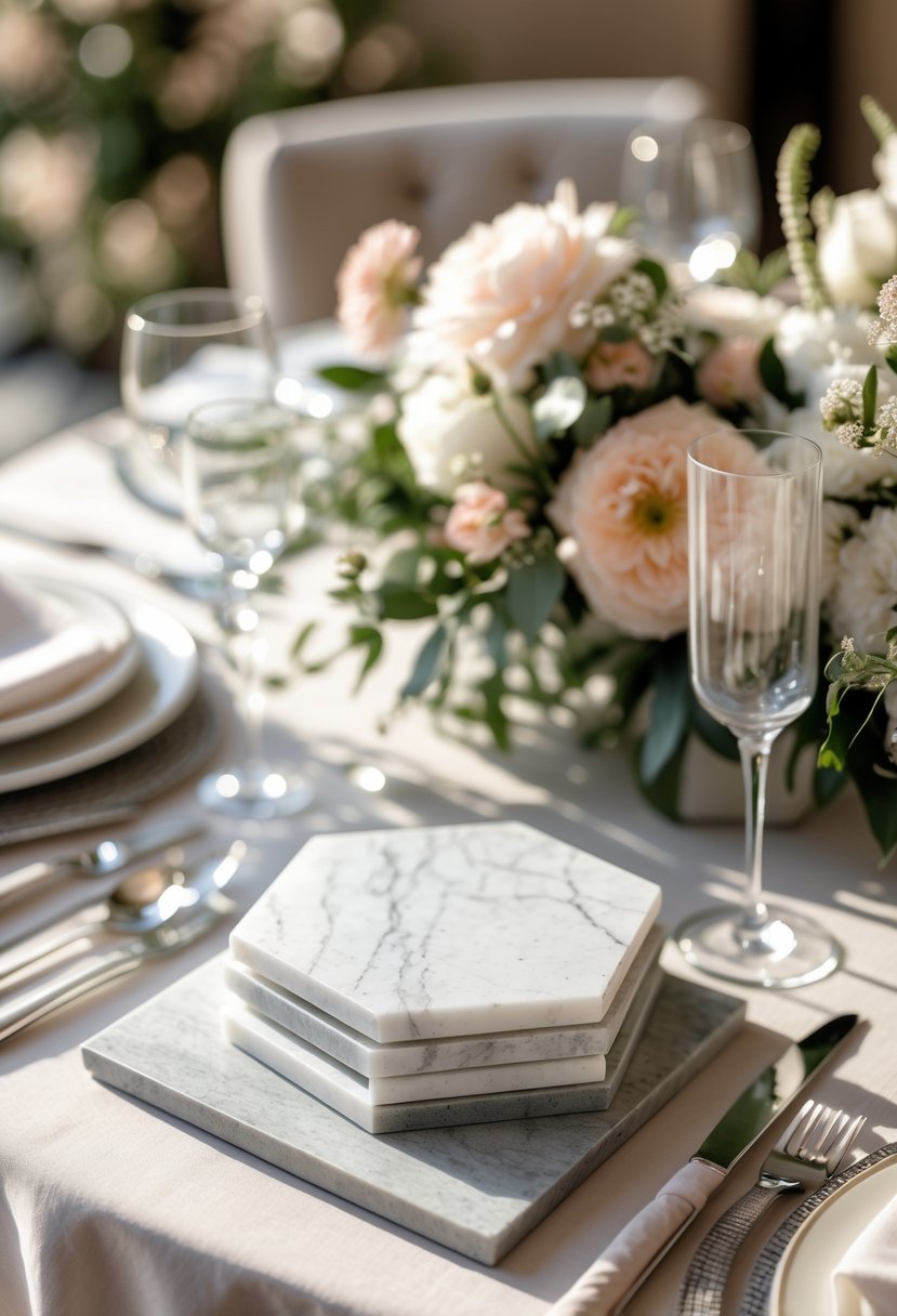 A round wedding table with hexagonal marble coasters, glassware, and floral centerpieces.