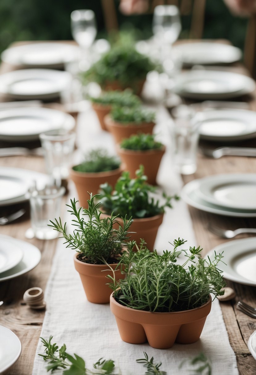 A wedding table decorated with small pots of fresh herbs arranged as guest favors.