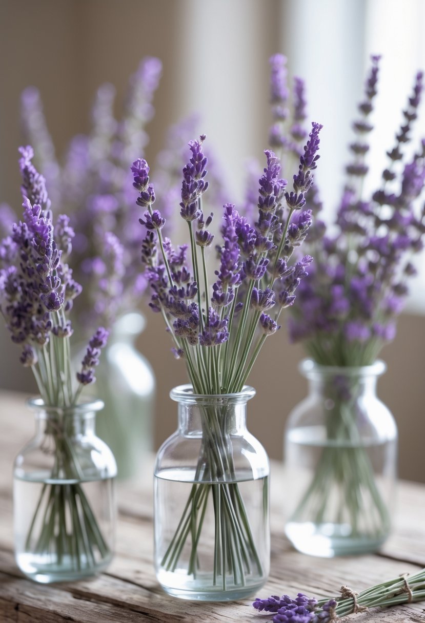 Small clusters of dried lavender in clear glass vases on a wooden table.