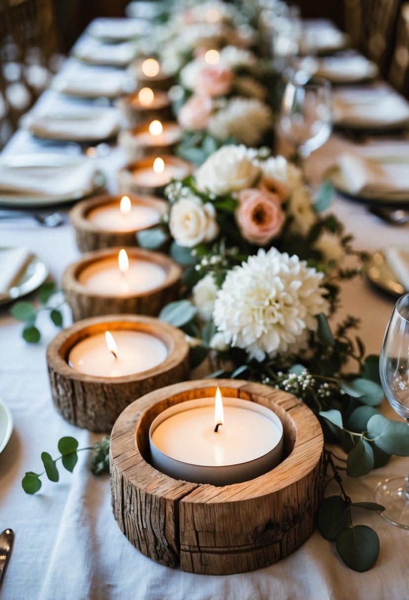 A wedding table with round wooden candle holders holding lit white candles, surrounded by flowers and greenery.