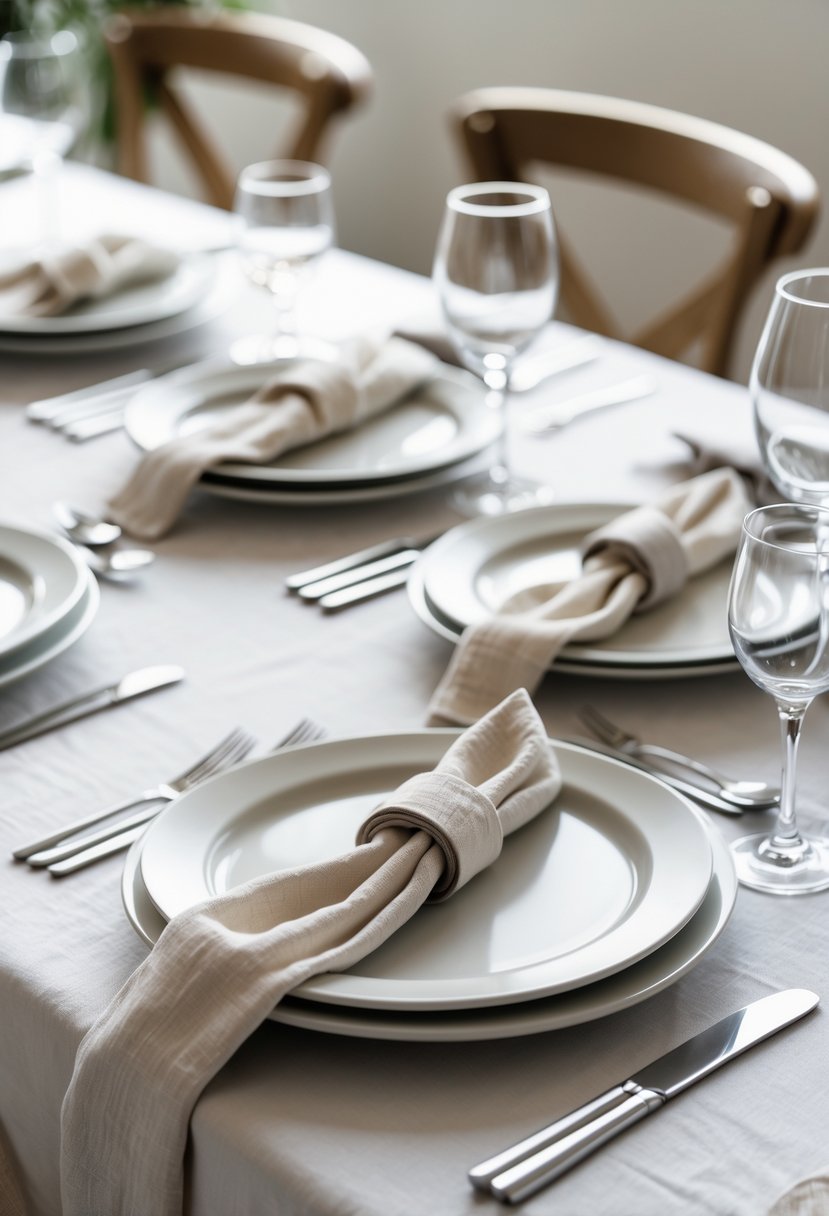 A wedding table setting with plain white plates and linen napkin rings arranged neatly.