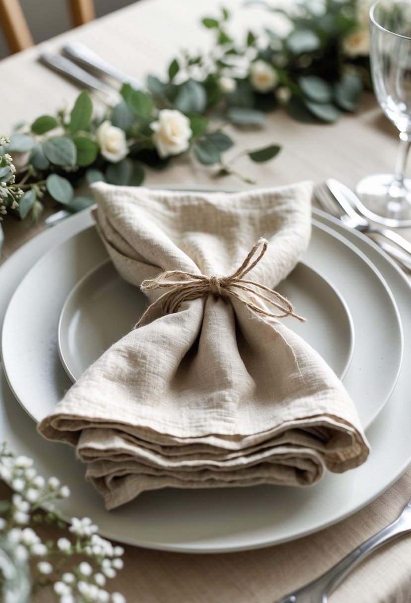 A wedding table setting with beige napkins tied with jute twine placed on a plate surrounded by greenery and simple tableware.