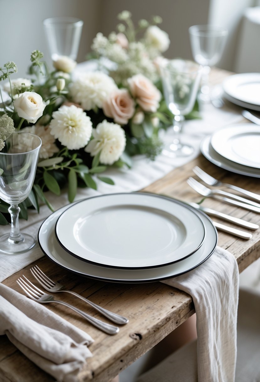 A wedding table set with white plates edged in black, simple floral arrangements, glassware, and cutlery on a wooden table.