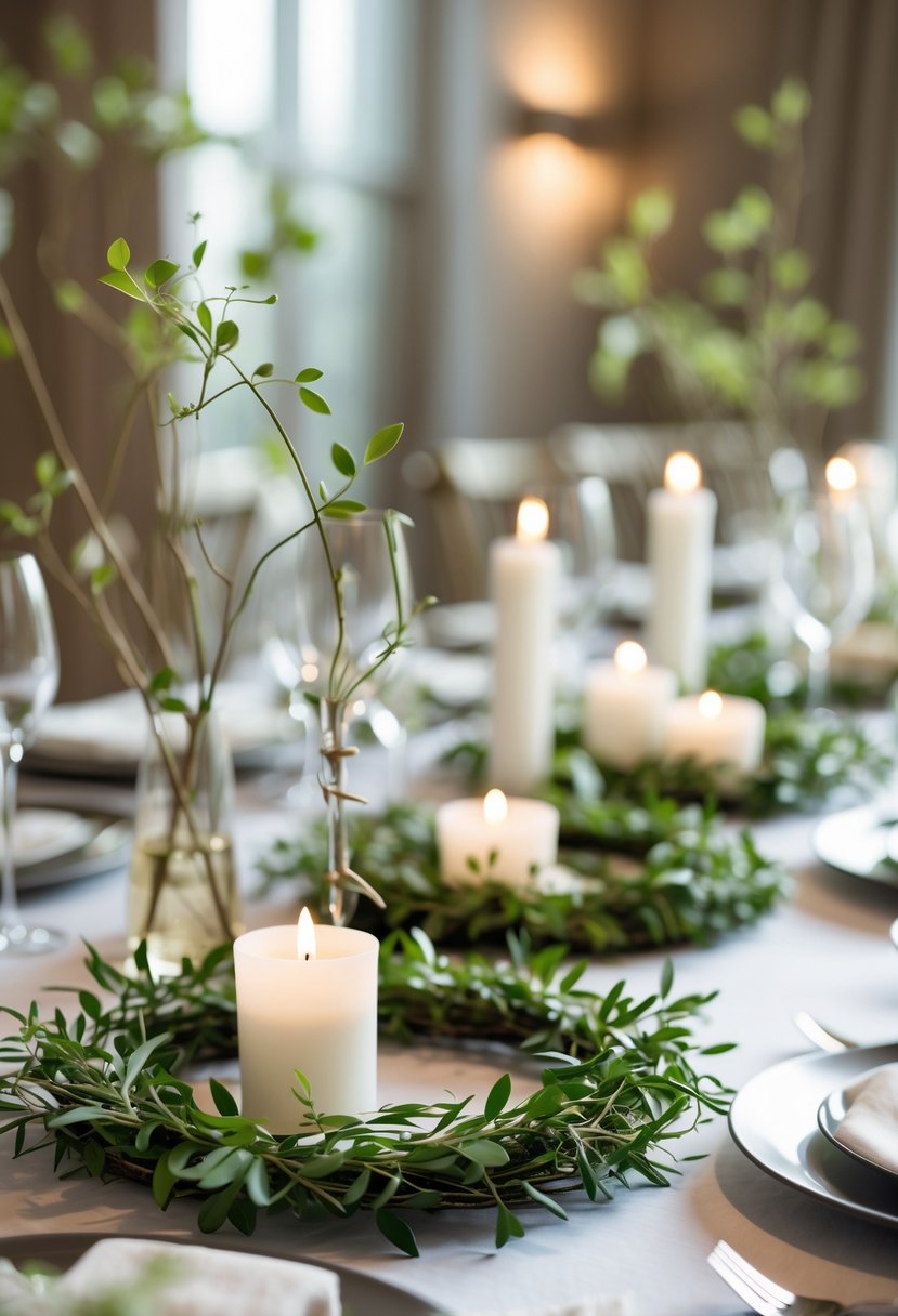 A wedding table decorated with thin greenery wreaths as centerpiece bases, surrounded by candles and tableware.