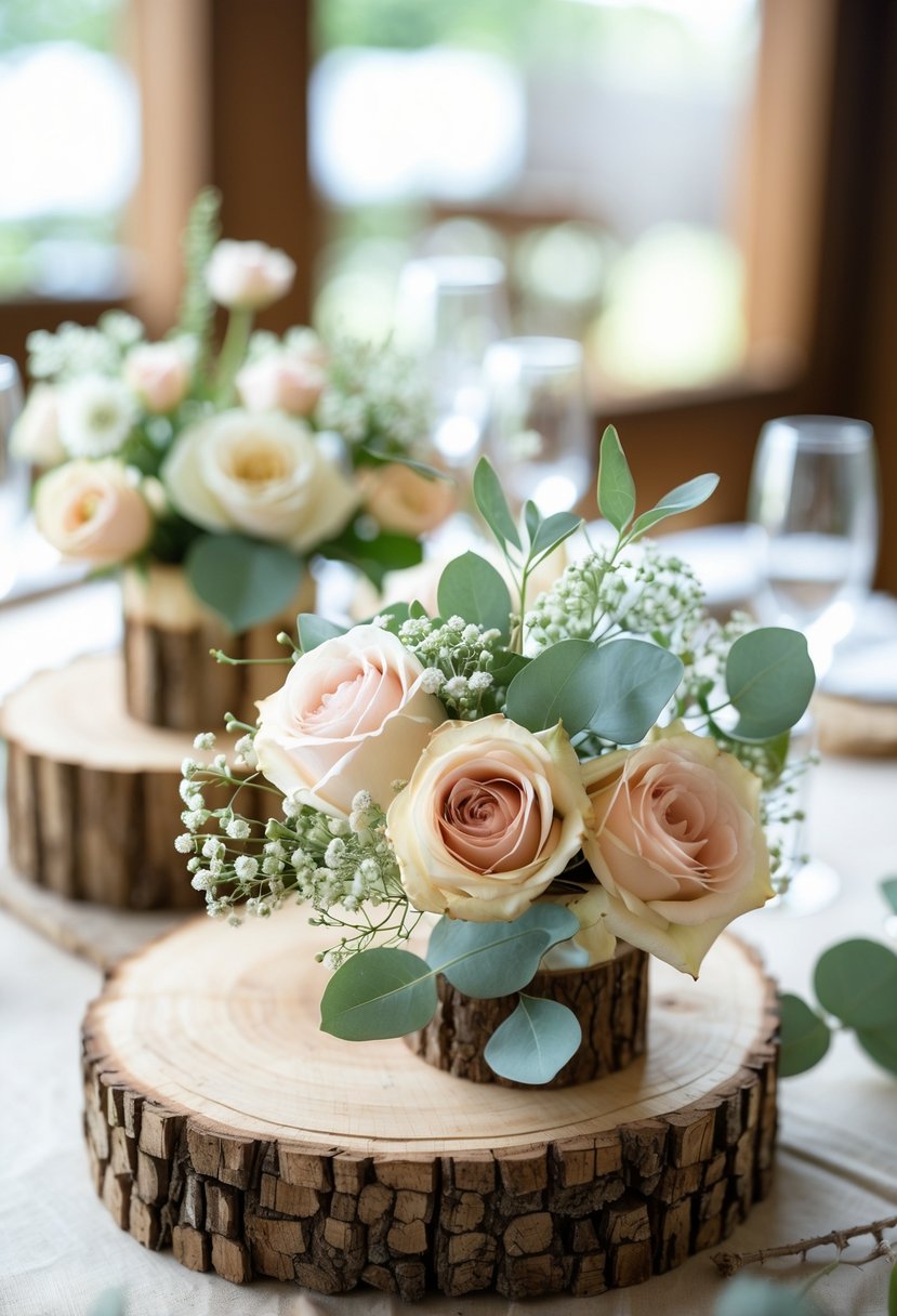 Wooden slices with floral arrangements on a wedding table.