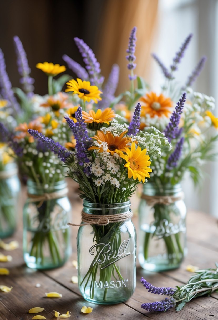 Mason jars filled with wildflowers arranged on a wooden table.