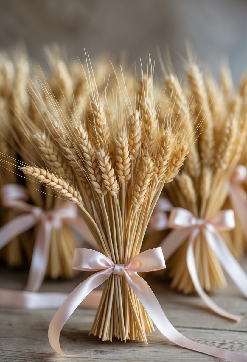 Small clusters of dried wheat tied with ribbons arranged on a wooden table as wedding decorations.