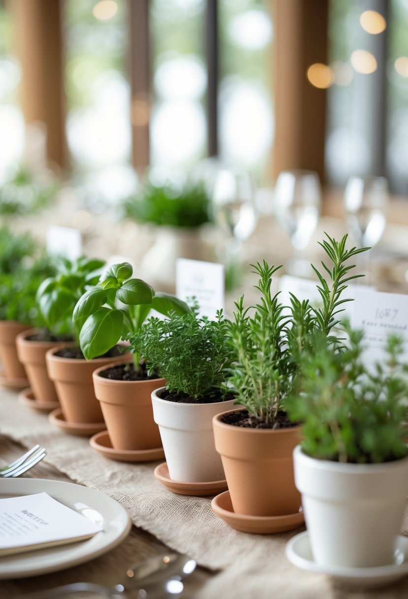 Mini potted herb plants arranged on a wedding table as simple guest favors.