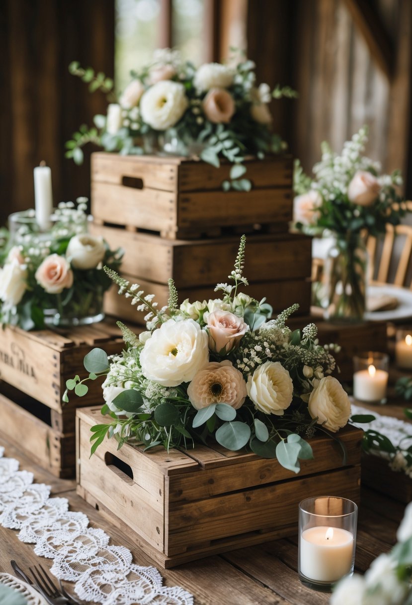 A wedding table decorated with vintage wooden crates holding flowers and candles.