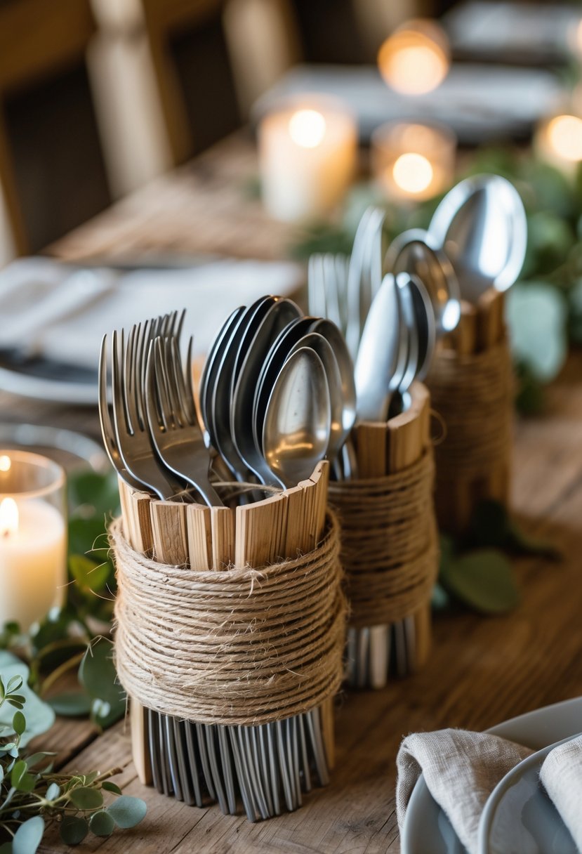 Close-up of cutlery wrapped in twine placed on a wooden table with greenery and candles nearby.
