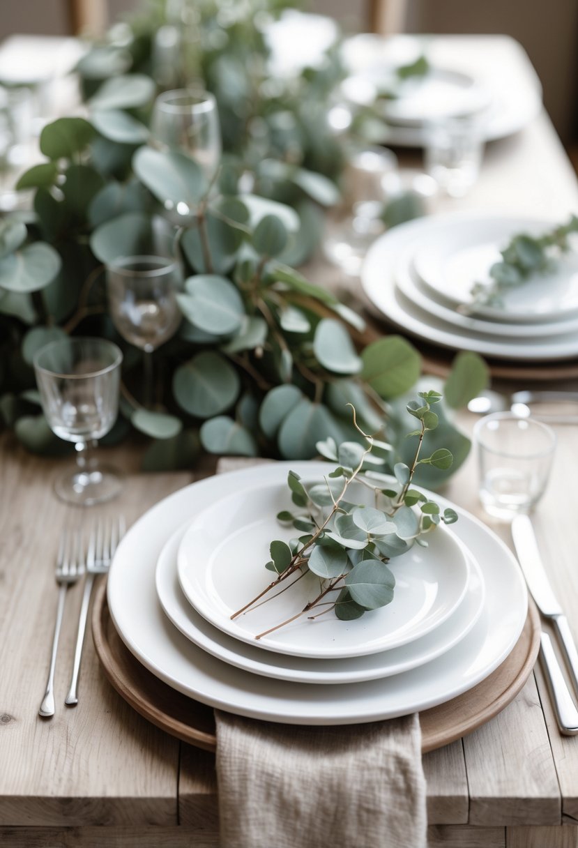 A wedding table with white plates, each adorned with a eucalyptus sprig, arranged on a wooden table with simple decorations.