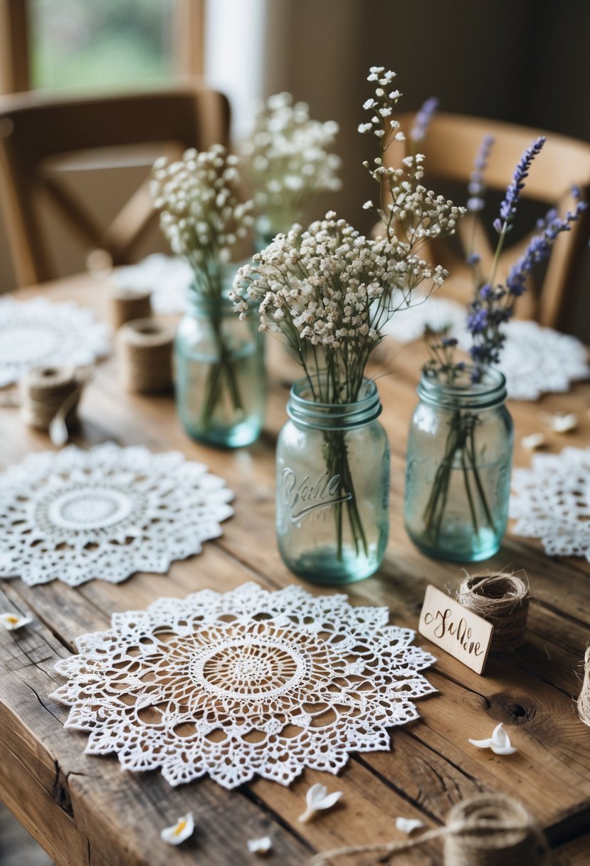 A rustic wooden table decorated with handmade lace doilies and glass jars filled with wildflowers.