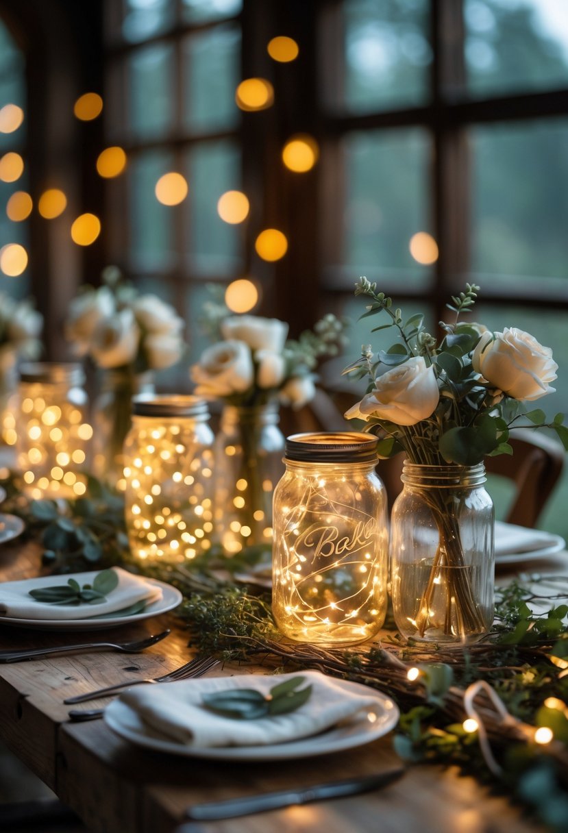 A wedding table decorated with mason jars filled with glowing fairy lights and floral accents on a wooden surface.