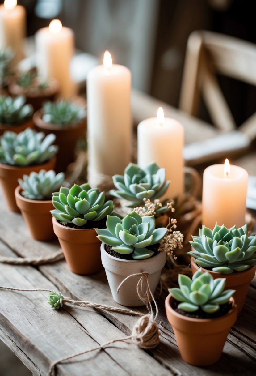 Small potted succulents arranged on a rustic wooden table as wedding decorations with soft ambient lighting.