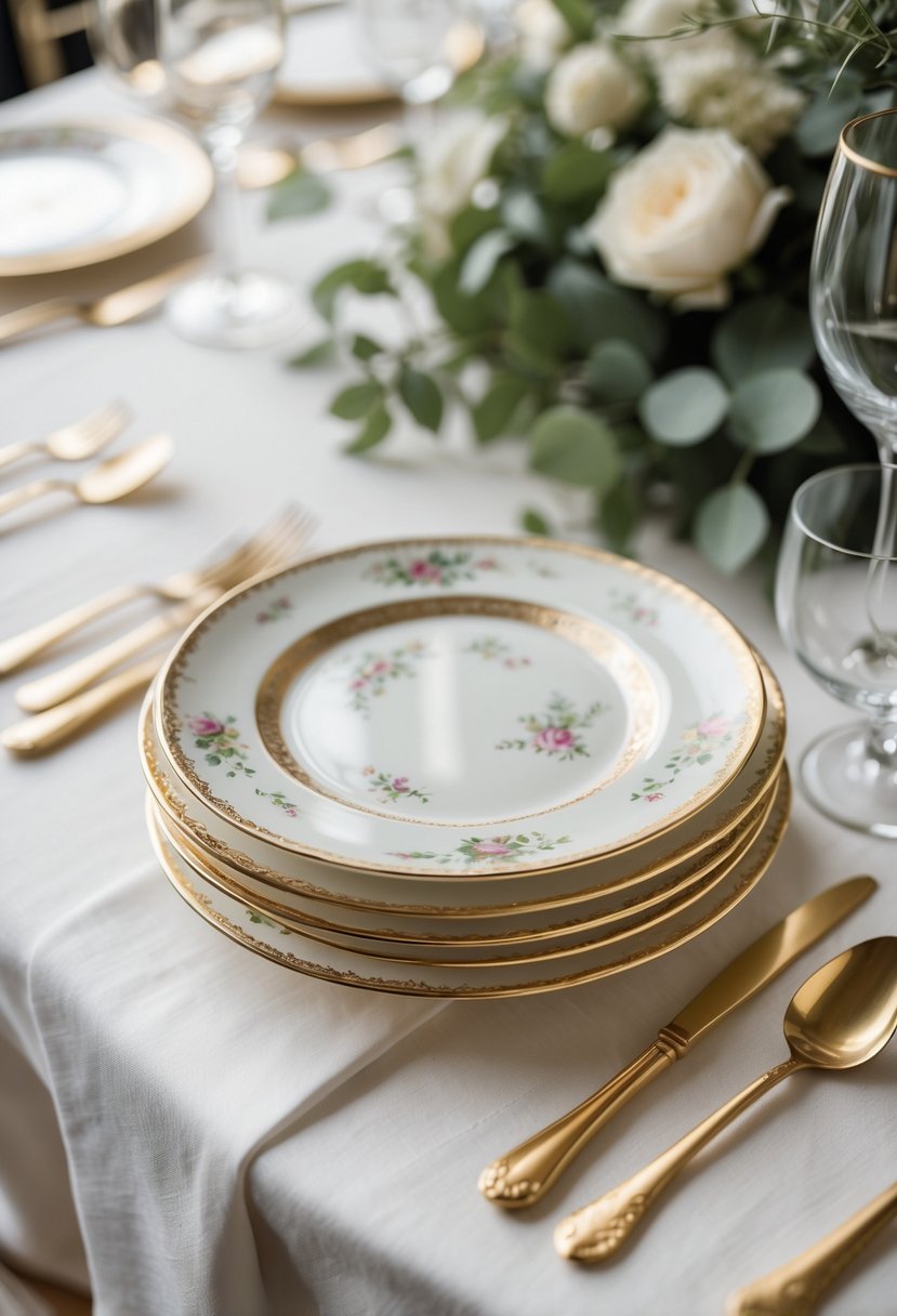 Close-up of vintage china plates with gold accents arranged on a simple wedding table with soft lighting and minimal decorations.