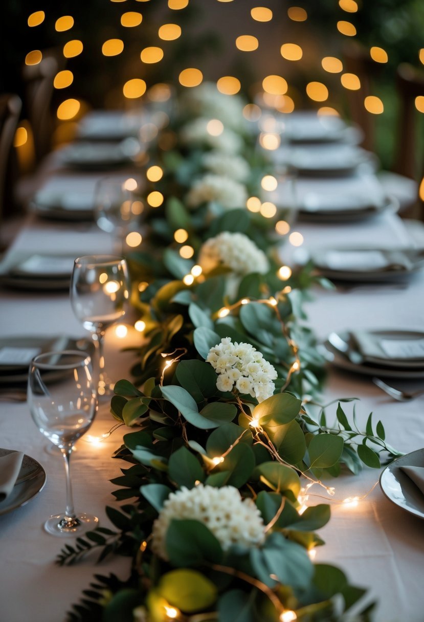 A wedding table decorated with green garlands and warm twinkle fairy lights creating a soft glowing effect.