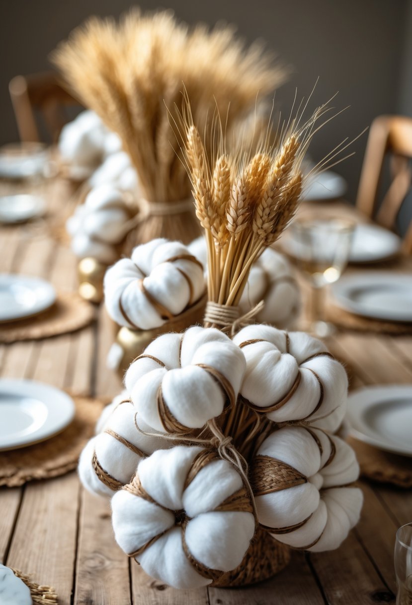 A wedding table decorated with bundles of raw cotton and dried wheat on a wooden surface.