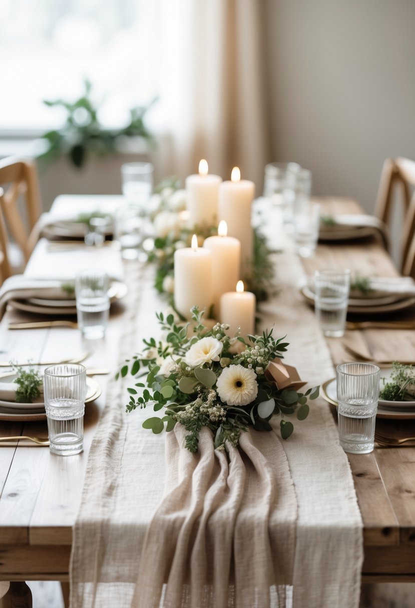 A wedding table decorated with soft linen runners in neutral colors, greenery, white flowers, candles, and simple tableware.