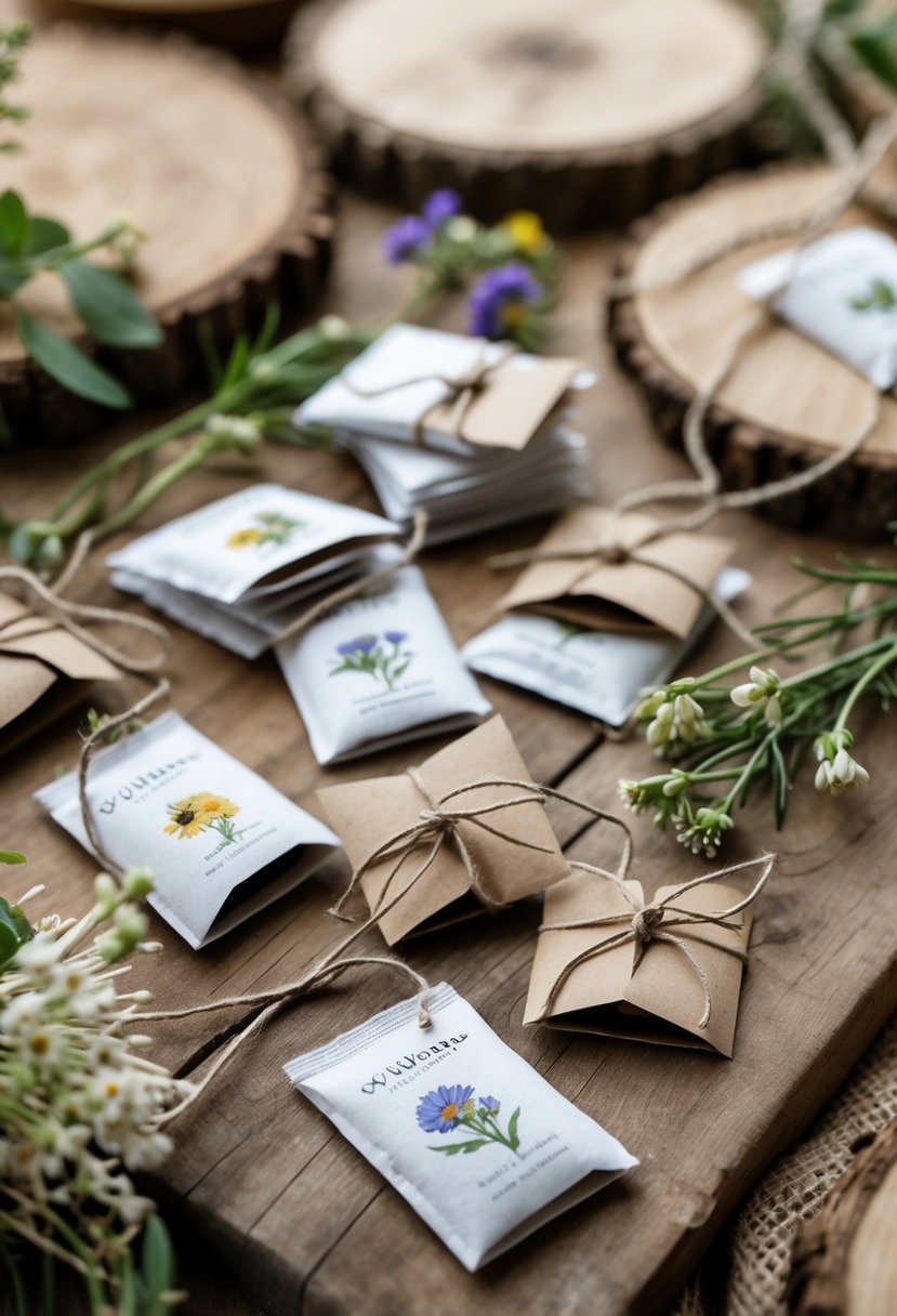 Wildflower seed packets arranged on a wooden table with fresh wildflowers and greenery as wedding favors.