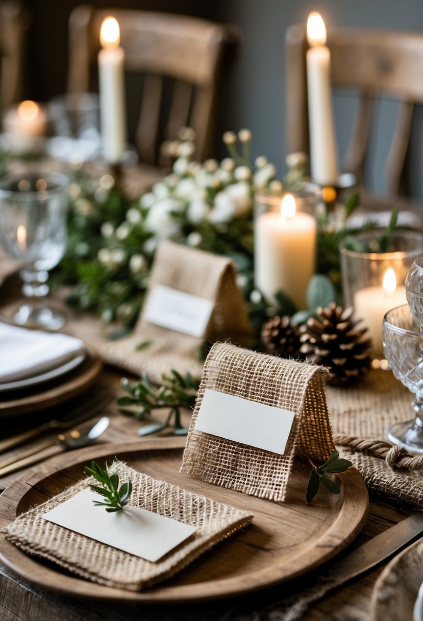A rustic wedding table with burlap place cards, greenery, white flowers, candles, and wooden accents.